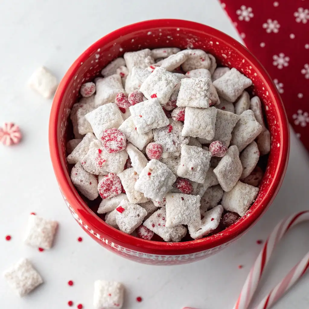 A top-down shot of a festive red bowl filled with Peppermint Puppy Chow, showing the white powdered sugar and red candy cane flecks.