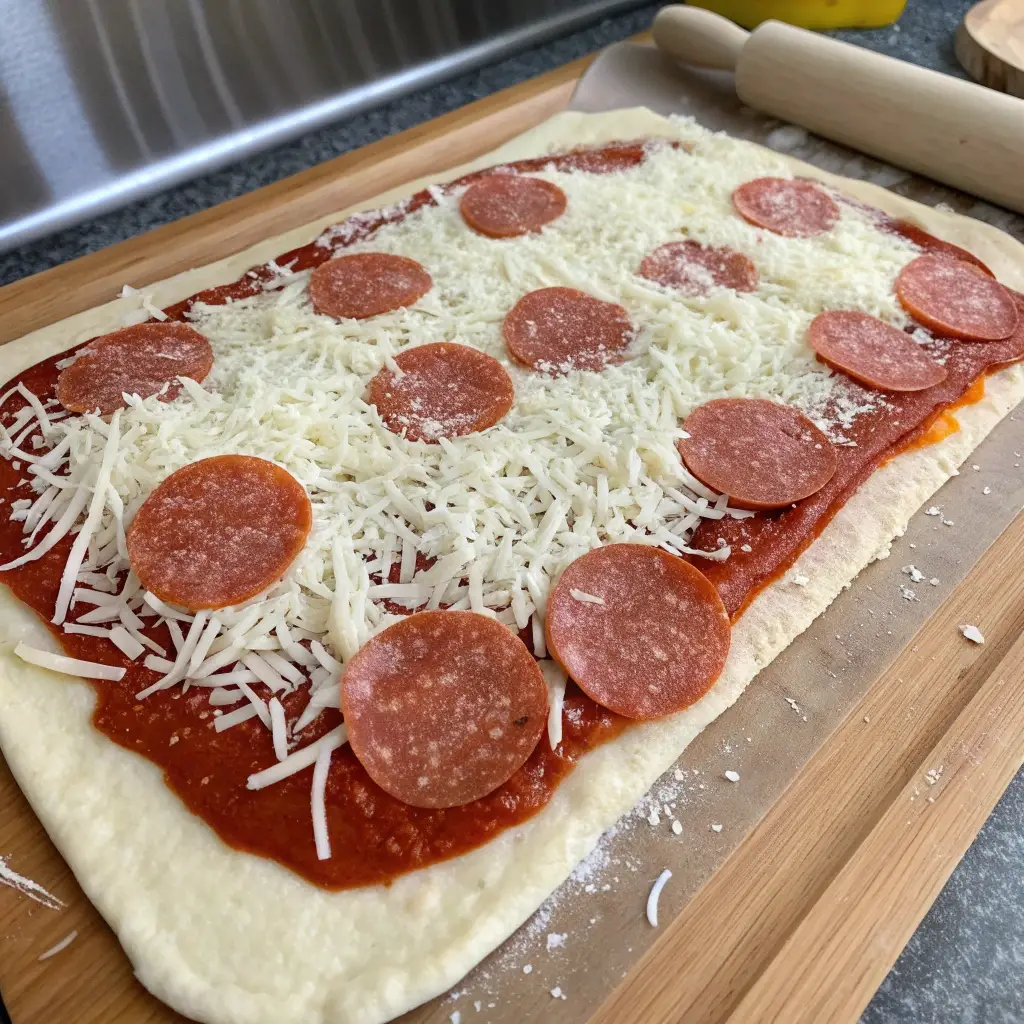 Rolled out pizza dough topped with sauce, cheese, and turkey pepperoni.