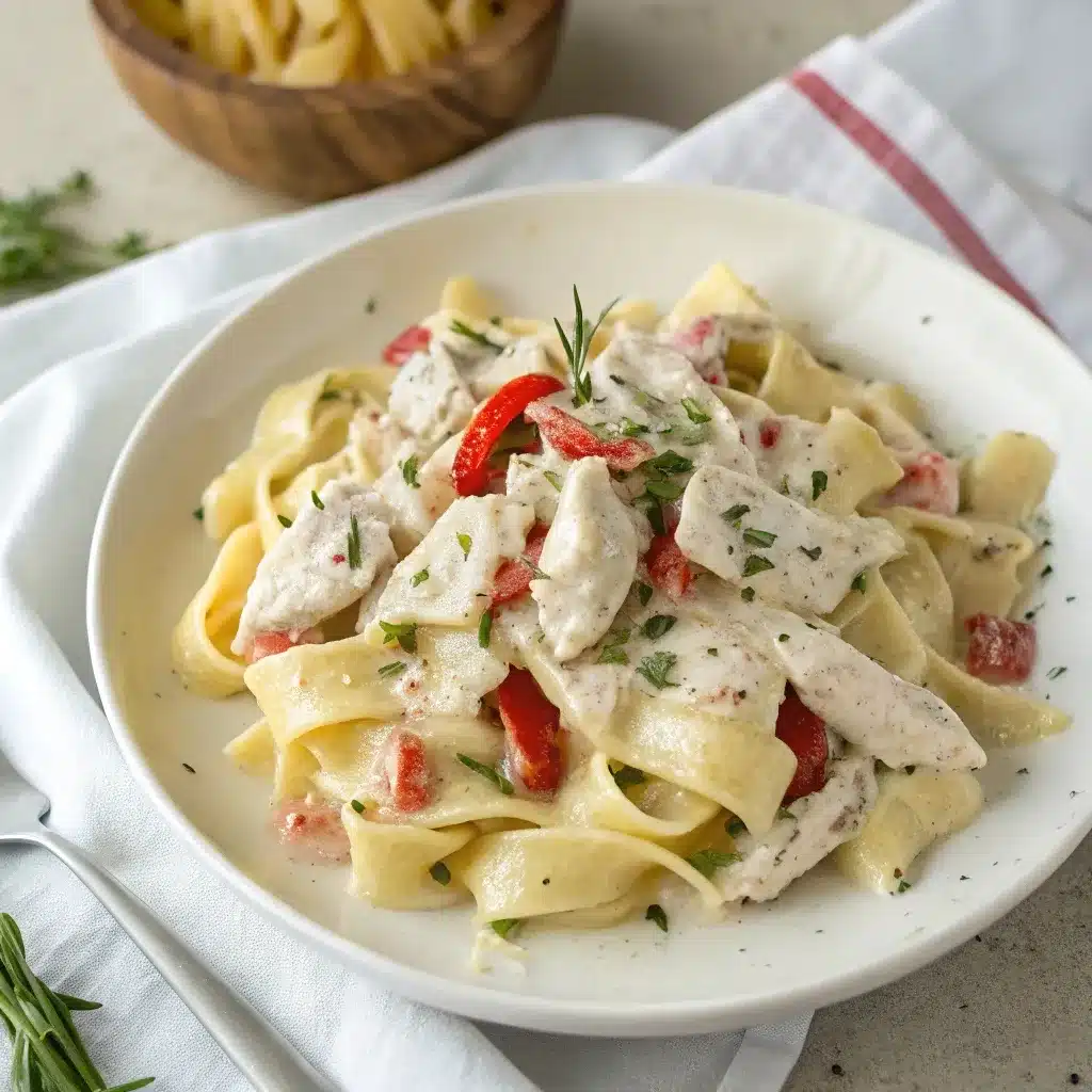 Creamy ranch chicken and pasta served on a white plate