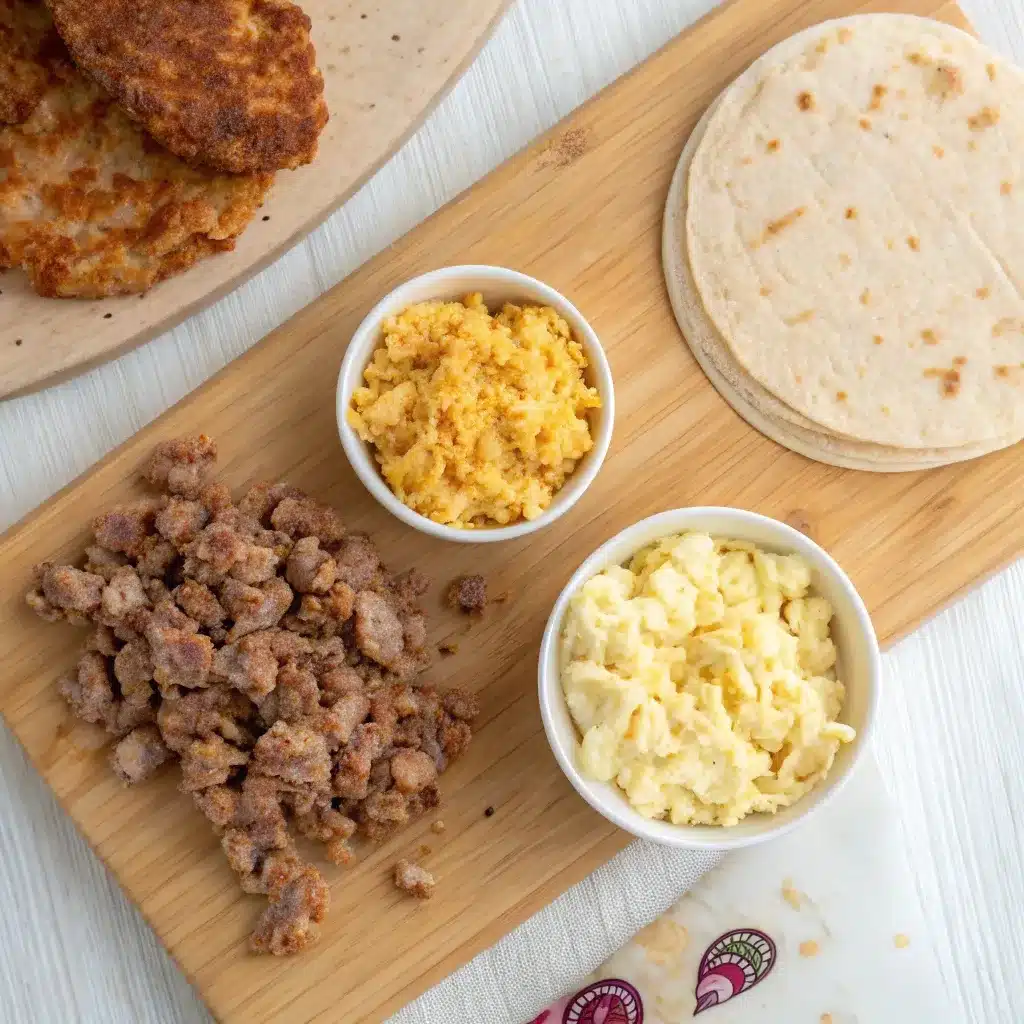 Cooked meat, scrambled eggs, and a hashbrown patty arranged on a cutting board next to a tortilla.