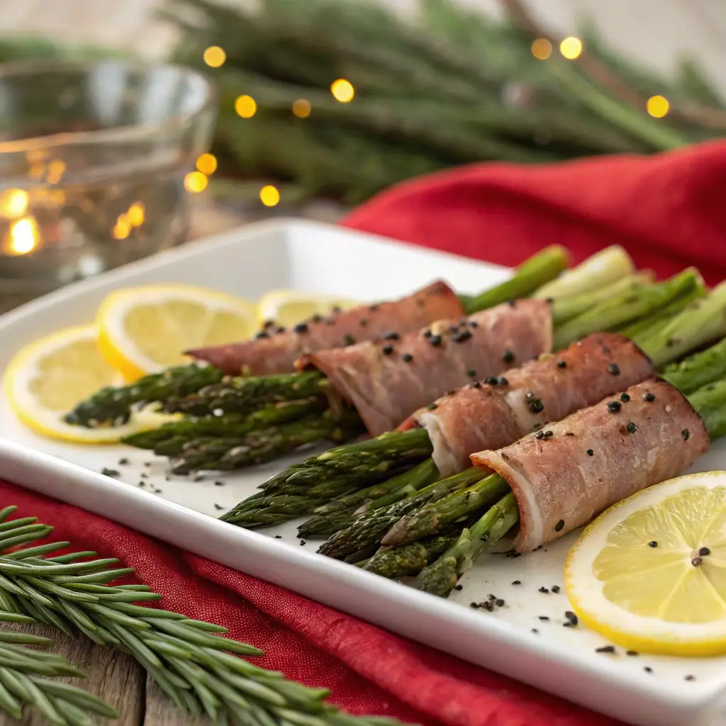Prosciutto-wrapped asparagus bites arranged on a platter with lemon wedges