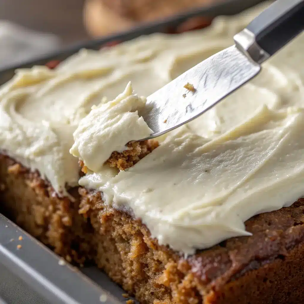 Spreading a thick layer of healthy protein cream cheese frosting on the high protein carrot cake baked oatmeal.