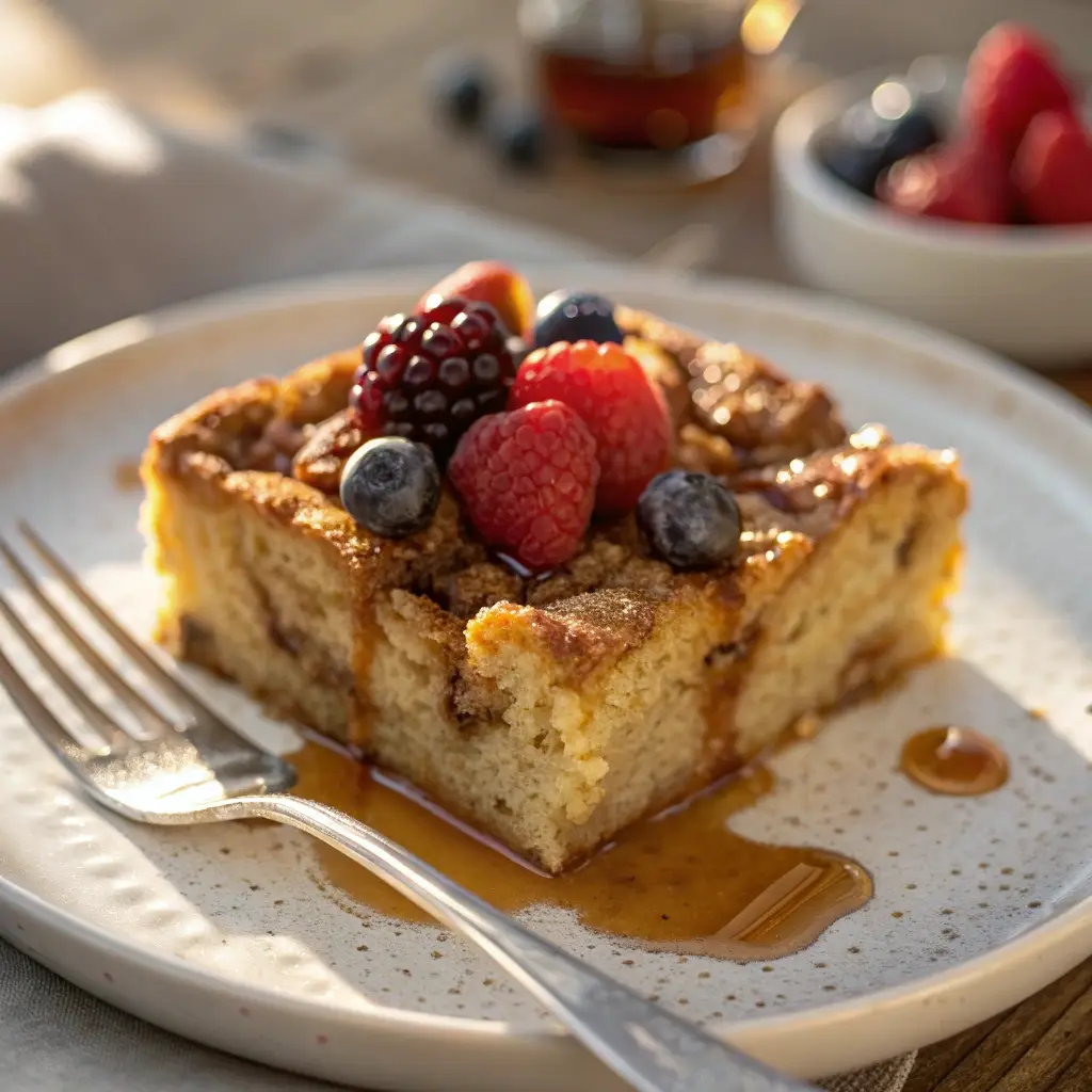 A square slice of protein french toast casserole topped with berries and syrup on a white plate.