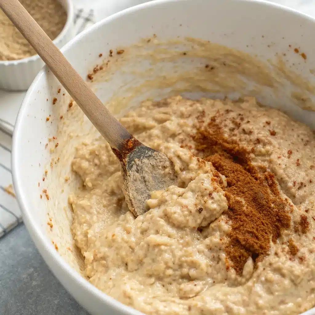 A mixing bowl filled with thick, creamy protein oatmeal batter ready for baking.