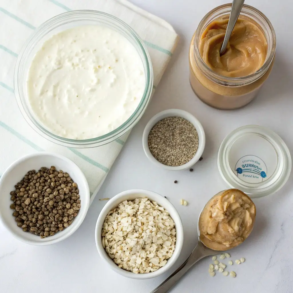 A flat lay of natural protein boosters for oats: Greek yogurt, cottage cheese, hemp seeds, and peanut butter.