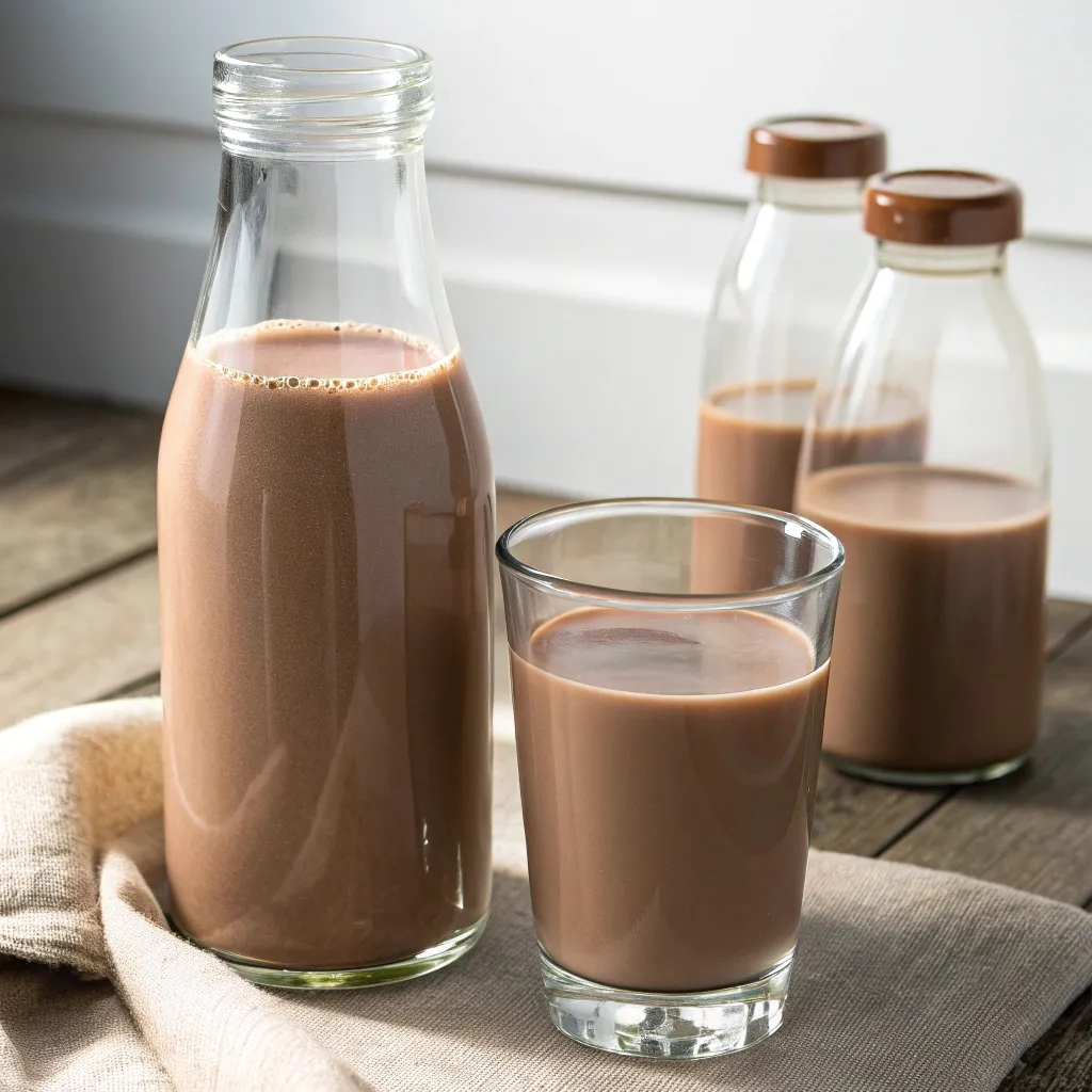 A clear glass pitcher filled with creamy chocolate protein shake, used as a milk substitute.