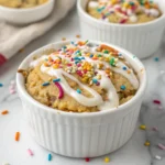 Thick white protein icing drizzled over the baked oats.