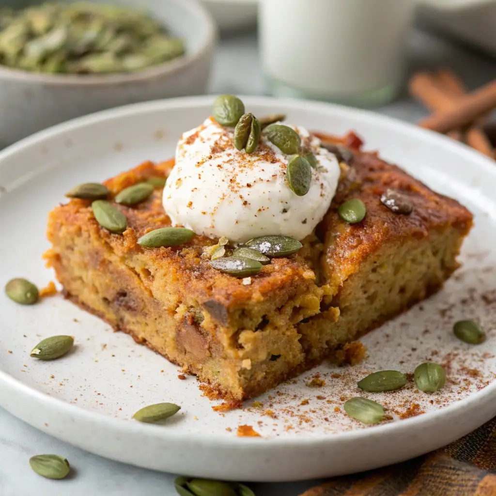 A slice of pumpkin spice protein french toast casserole topped with yogurt and pumpkin seeds.
