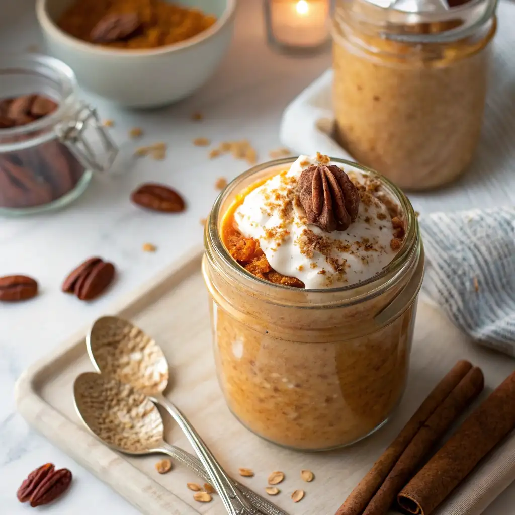 A jar of pumpkin spice high protein overnight oats, made with Greek yogurt and topped with pecans and cinnamon.
