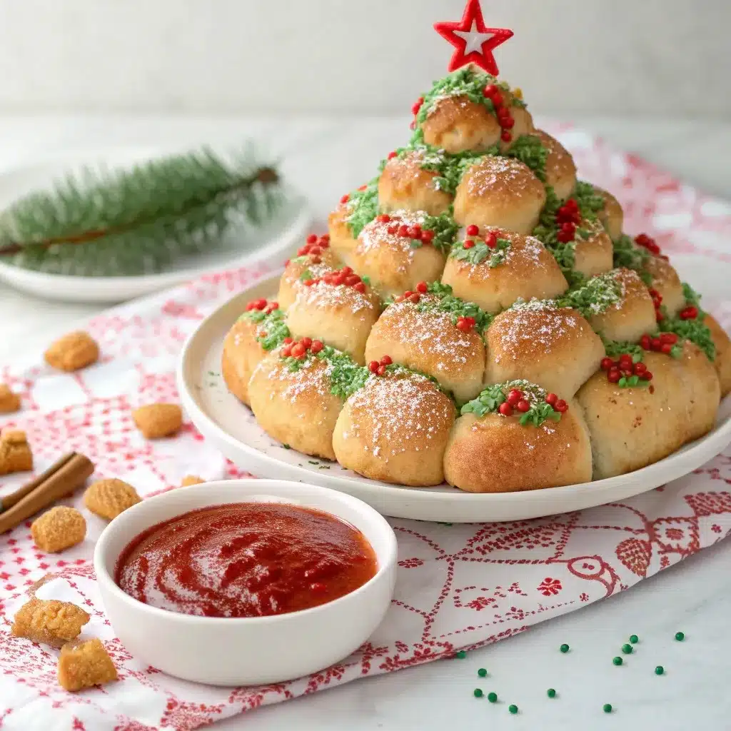 Fluffy biscuit-style Christmas tree pull apart bread formed from canned biscuits and served with marinara dip.