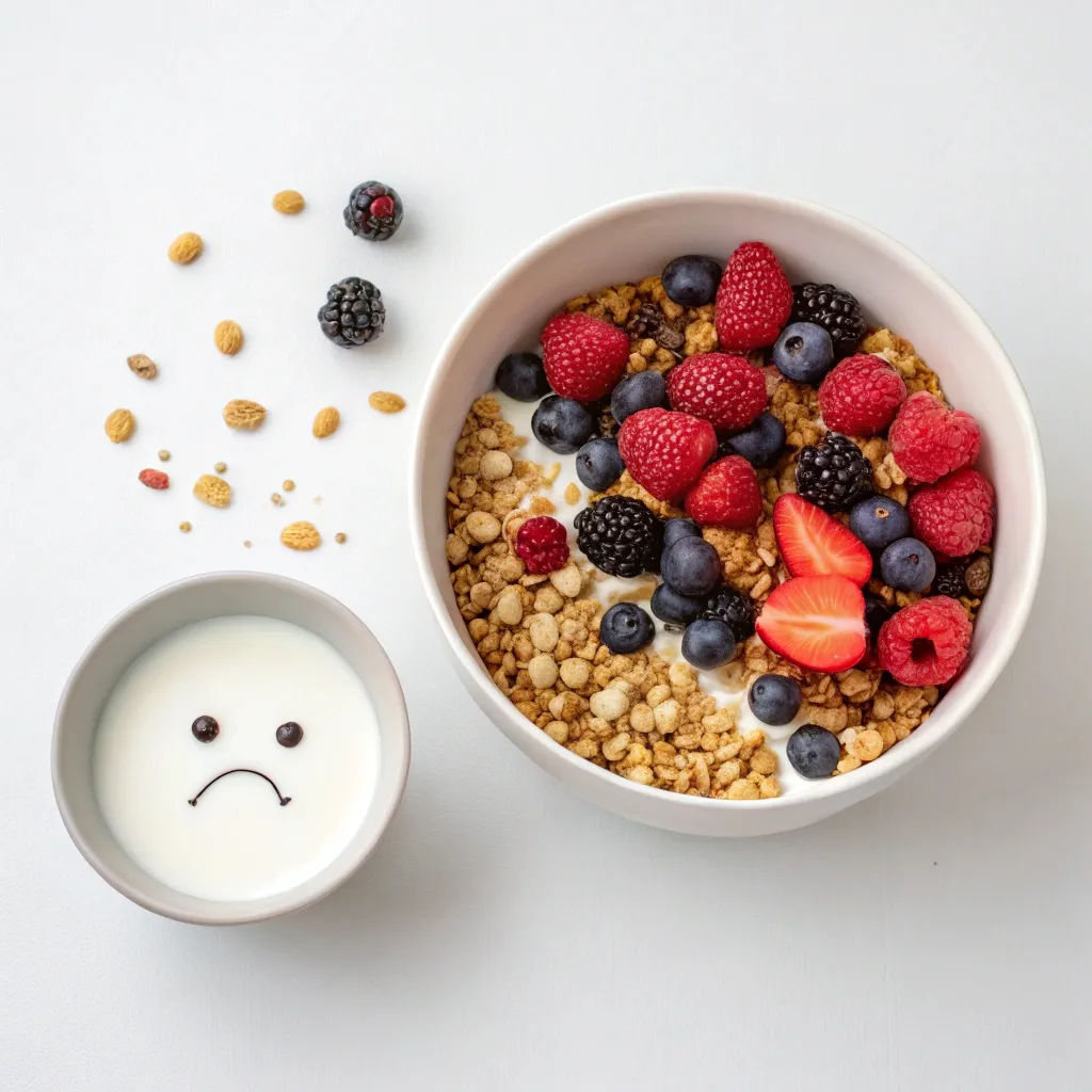 A side-by-side comparison showing a small portion of regular cereal versus a large, high-volume loaded protein cereal bowl.