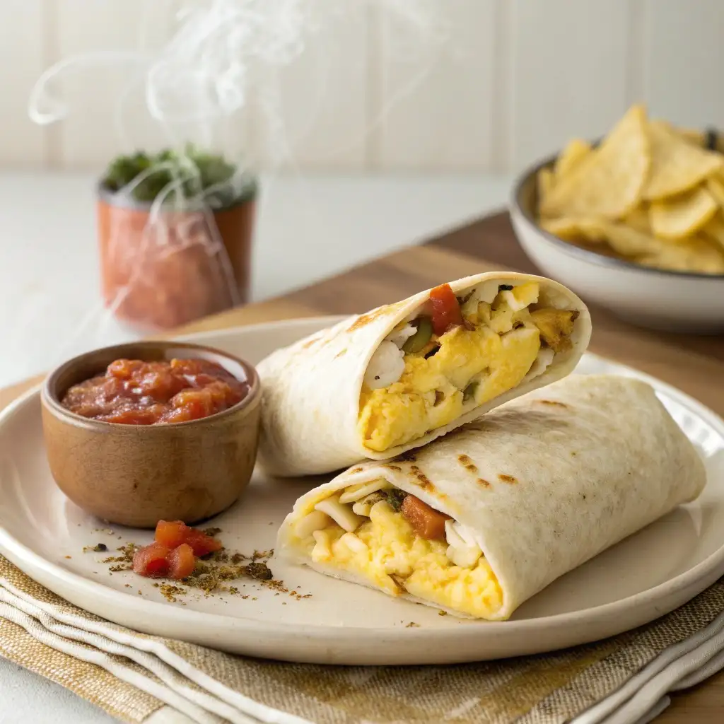 A perfect, reheated high protein breakfast burrito, cut in half and steaming, served on a plate with salsa.