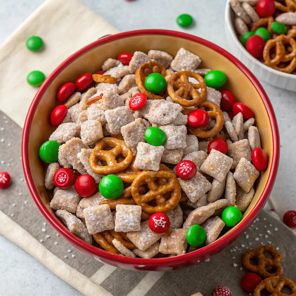 A bowl of "Reindeer Chow," which is puppy chow mixed with red and green M&Ms and mini pretzels.