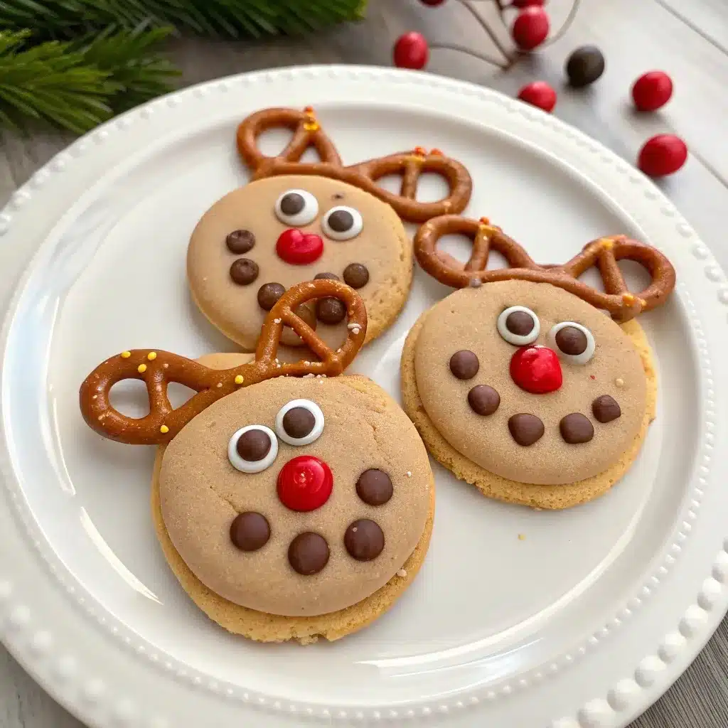 Three round sugar cookies decorated to look like reindeer, using two pretzel halves as antlers.