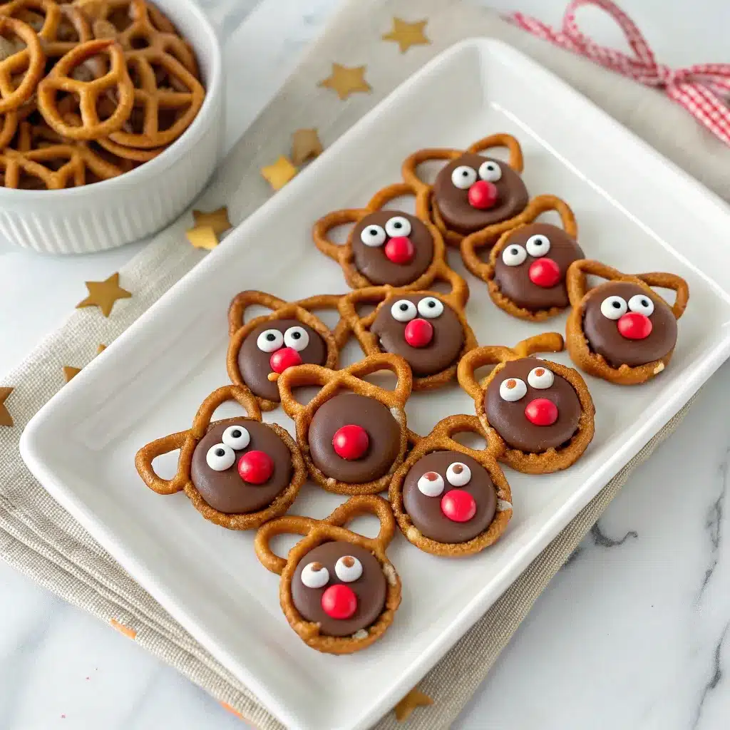 A top-down view of a white platter filled with Rolo reindeer pretzel treats, ready for a holiday party.