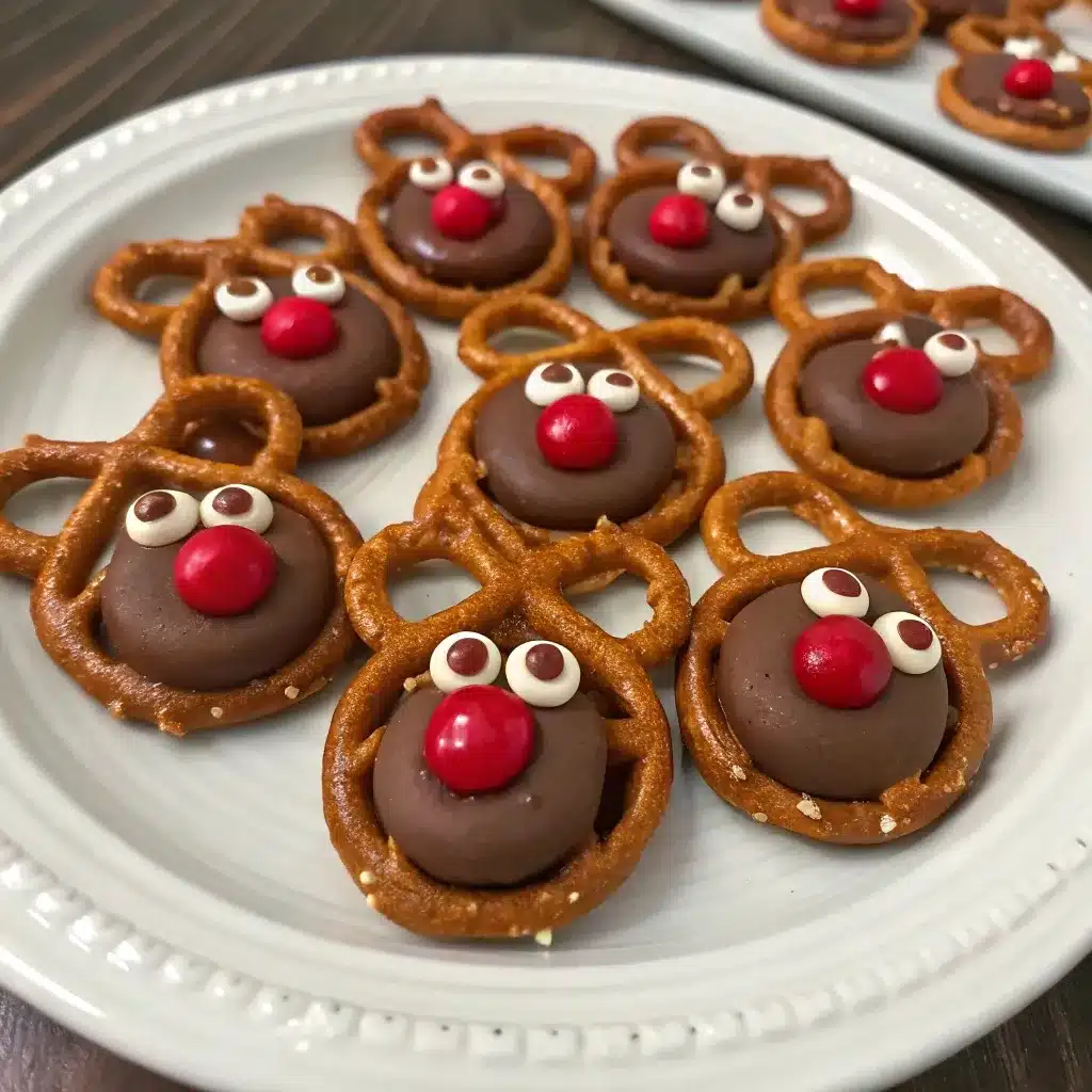 A plate of reindeer pretzels made using Hershey Kisses instead of Rolos, with a red M&M nose pressed into the center.