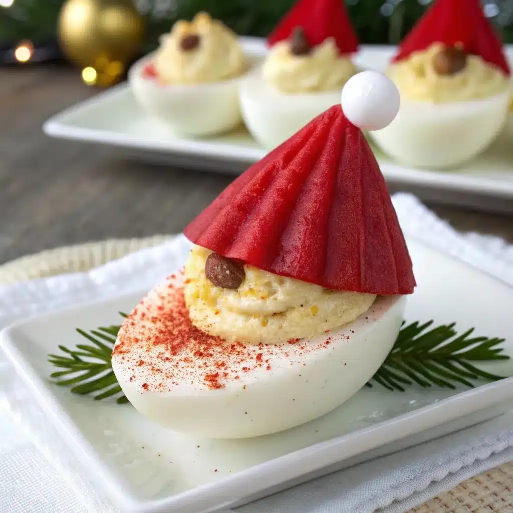A fun, kid-friendly deviled egg decorated to look like a Santa hat, using a piece of roasted red pepper and a dot of filling.