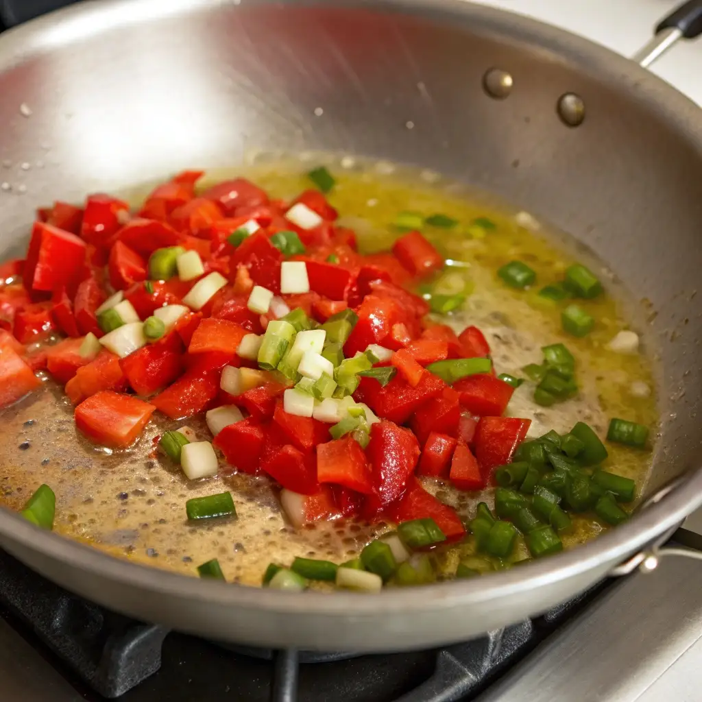 Diced peppers and onions being sautéed in a stainless steel skillet.