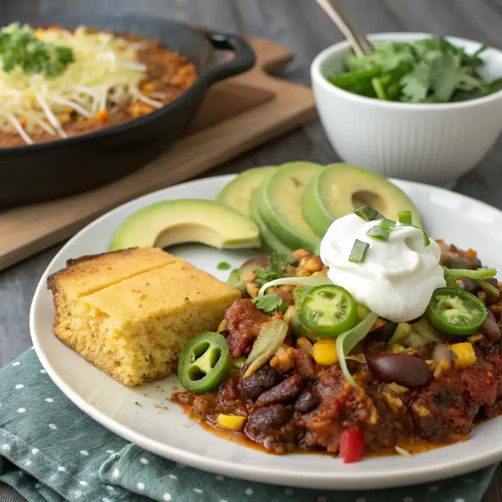 Cowboy potato casserole served with toppings and cornbread