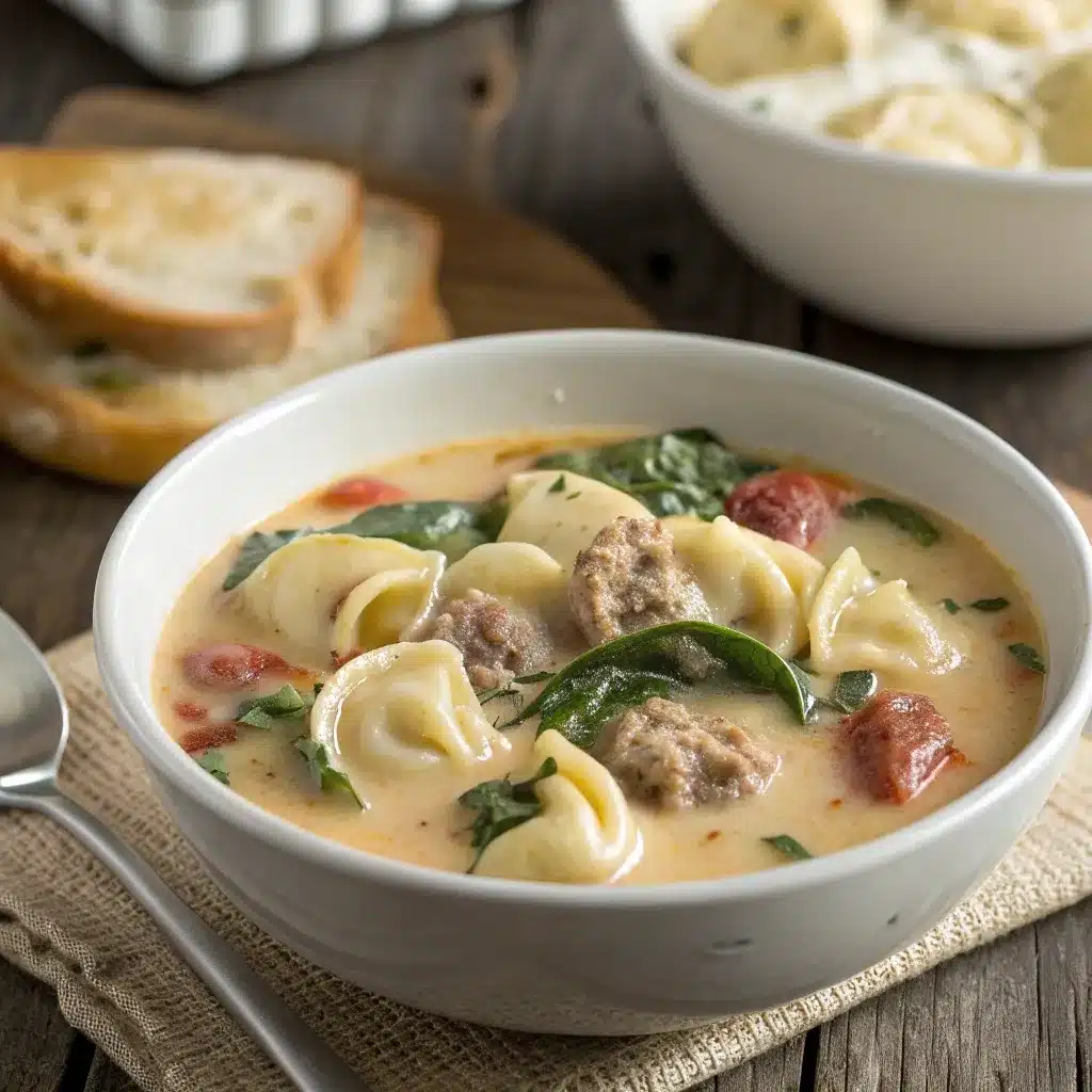 served crockpot cheese tortellini and sausage soup