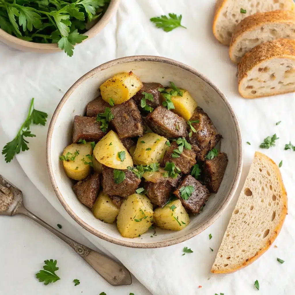 Plated serving of garlic butter beef bites with potatoes