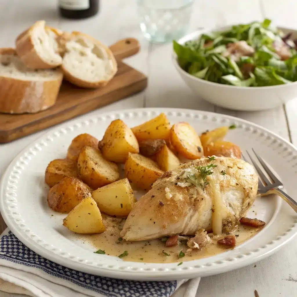 Garlic parmesan crockpot chicken and potatoes served with salad and bread