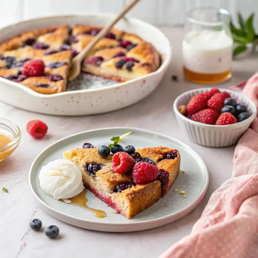 Served slice of high protein triple berry bake with yogurt and berries