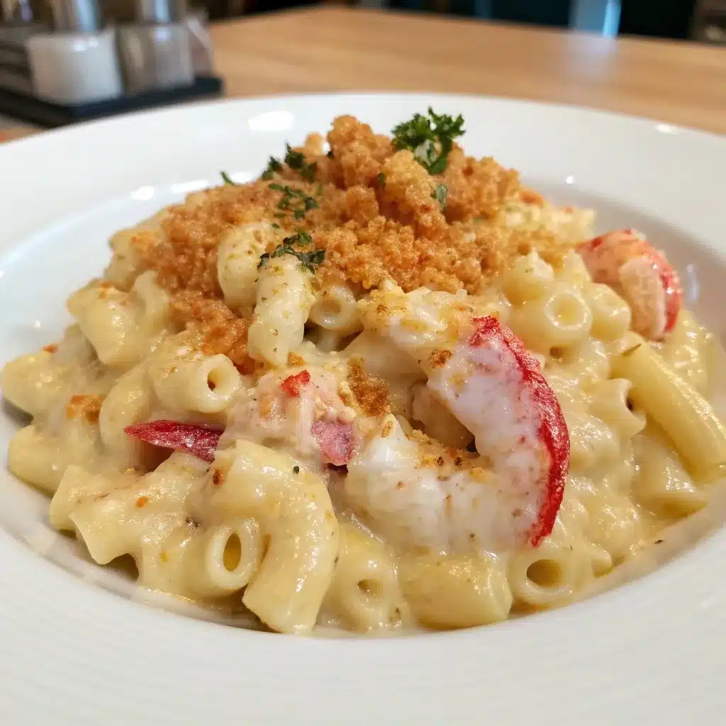 Plate of creamy lobster mac with diced lobster pieces.