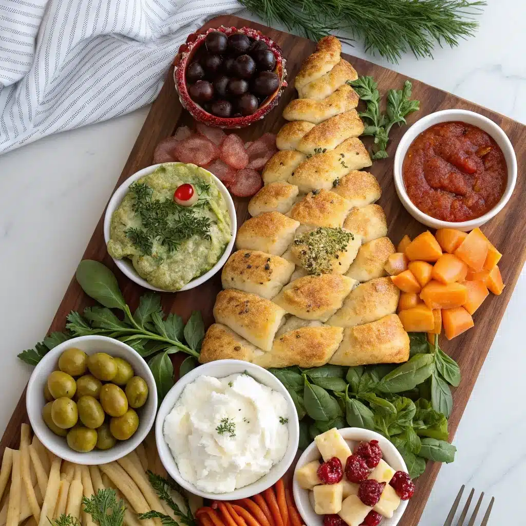 Overhead appetizer board featuring Christmas Tree Pull
