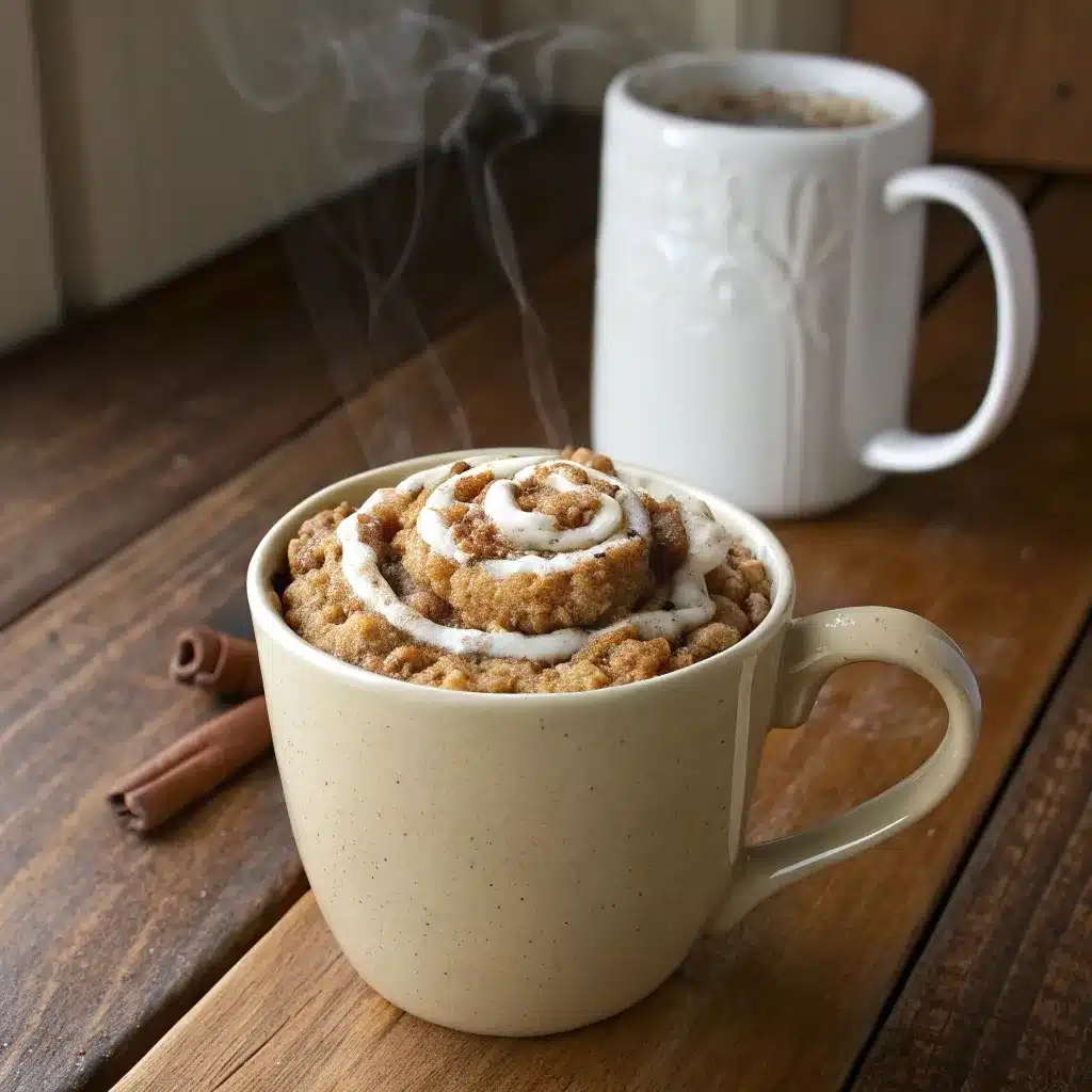A mug filled with microwave cinnamon roll oatmeal, topped with icing.