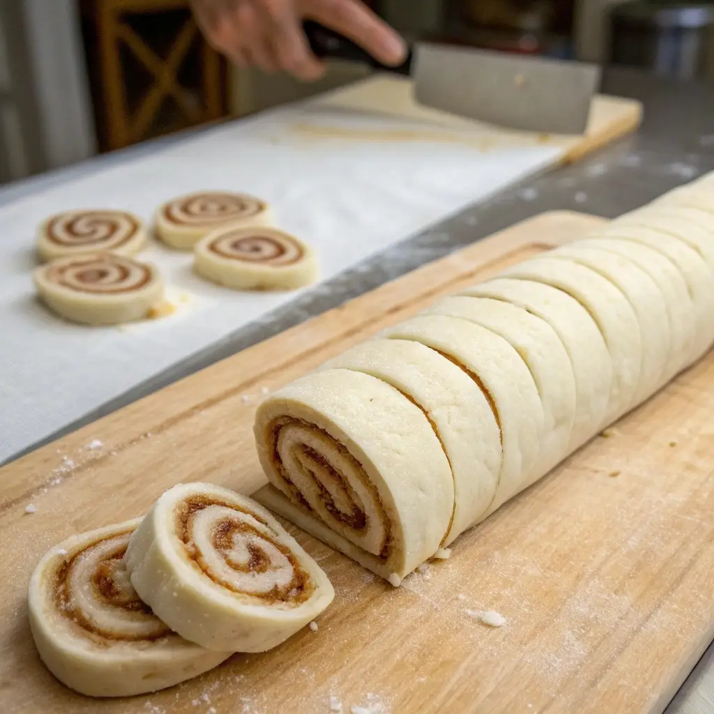 A rolled log of pizza dough being sliced into individual rolls.