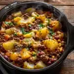 Slow cooker cowboy potato casserole with cheese, beef, and potatoes in a rustic crockpot