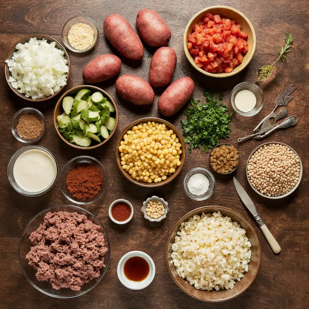 Ingredients for cowboy potato casserole laid out on a counter