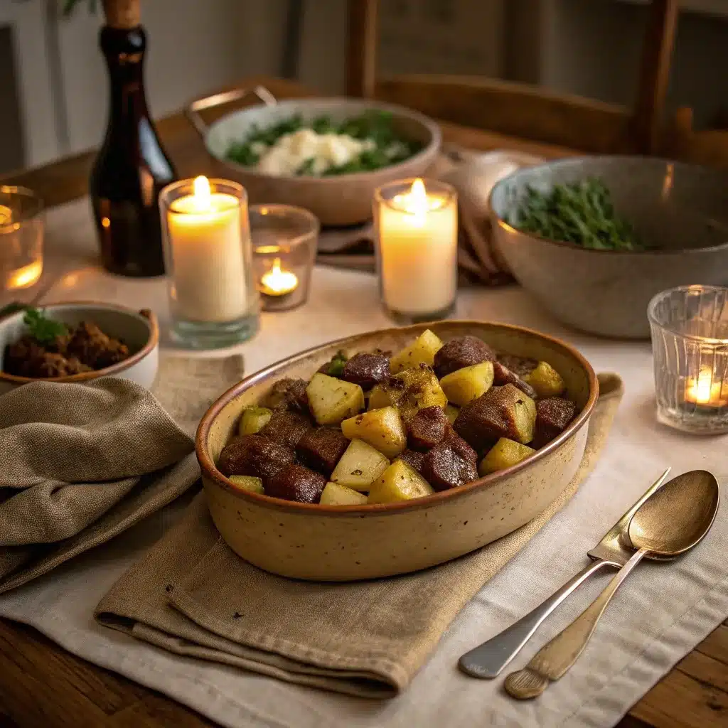 Cozy table setting with a dish of slow cooker garlic butter beef bites and potatoes