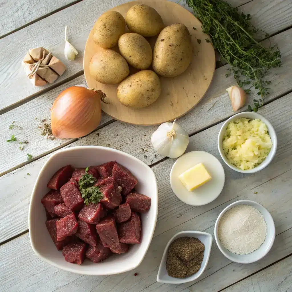 Raw ingredients for slow cooker garlic butter beef bites and potatoes