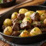 Close-up of slow cooker garlic butter beef bites with golden potatoes