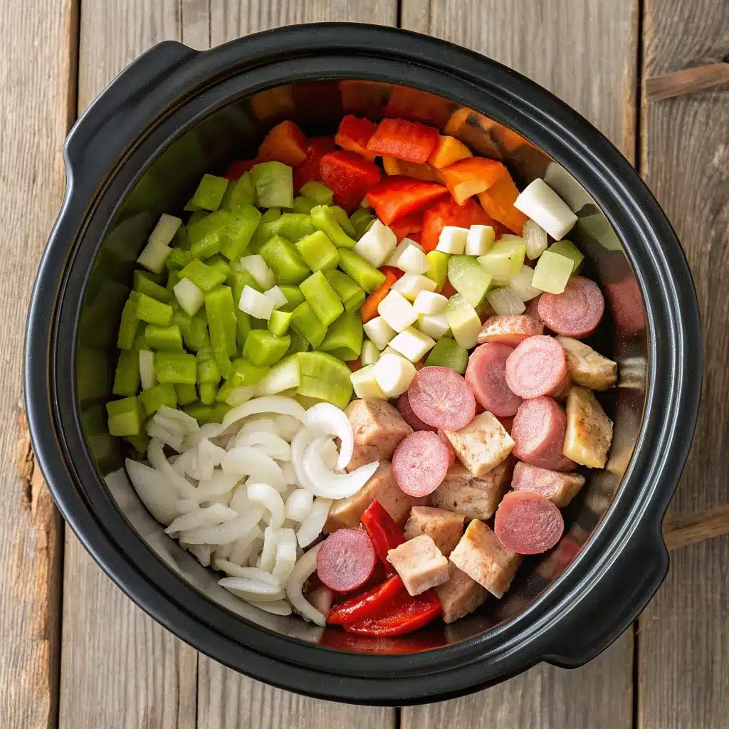Raw Chicken and Sausage Jambalaya Ingredients in Crockpot