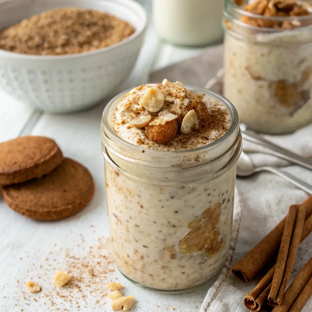 A jar of snickerdoodle flavored overnight oats topped with cinnamon sugar.