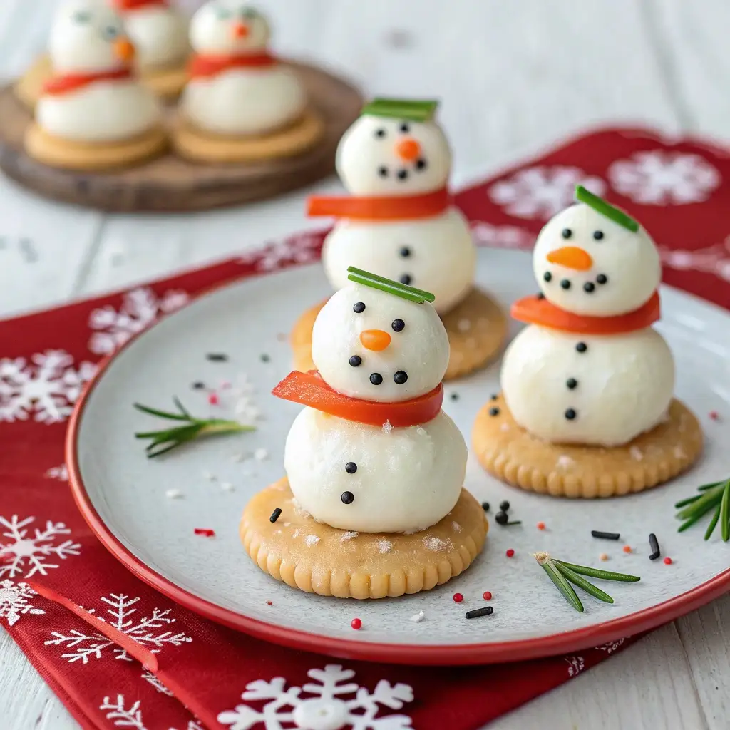 Snowman cheese bites made with mozzarella, crackers, carrot noses and herb scarves on a festive plate