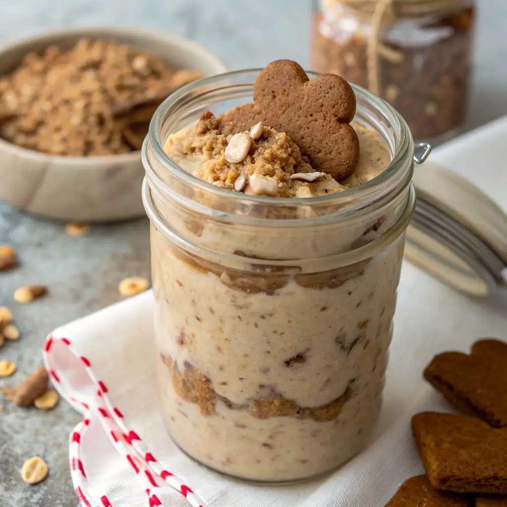 A jar of fully soaked, thick gingerbread overnight oats after refrigeration.