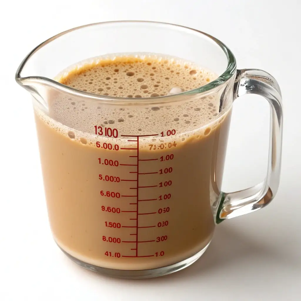 A glass cup filled with spiced milk mixed with molasses and vanilla.