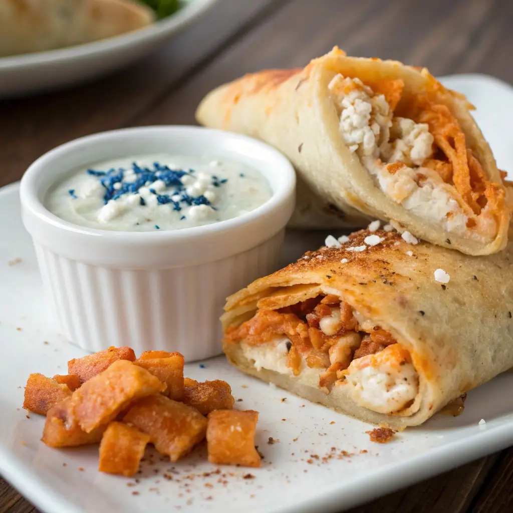 High protein pizza rolls filled with spicy buffalo chicken, served with ranch dressing.