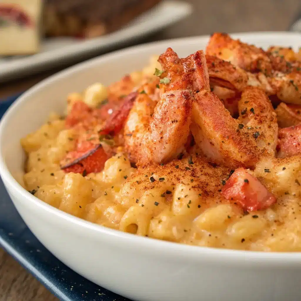Spicy Cajun lobster mac and cheese with small lobster cubes.