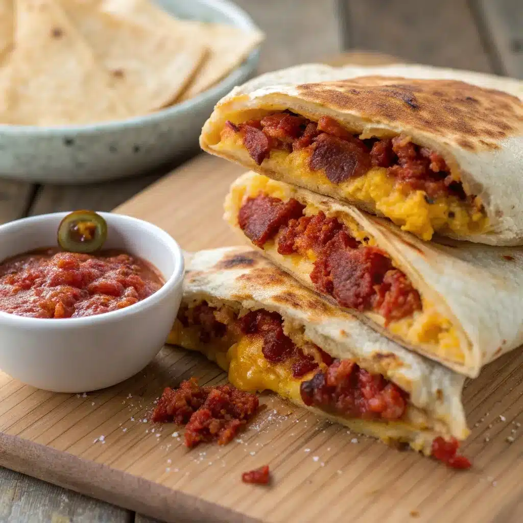 A cross-section of a spicy chorizo and cheese breakfast crunchwrap.