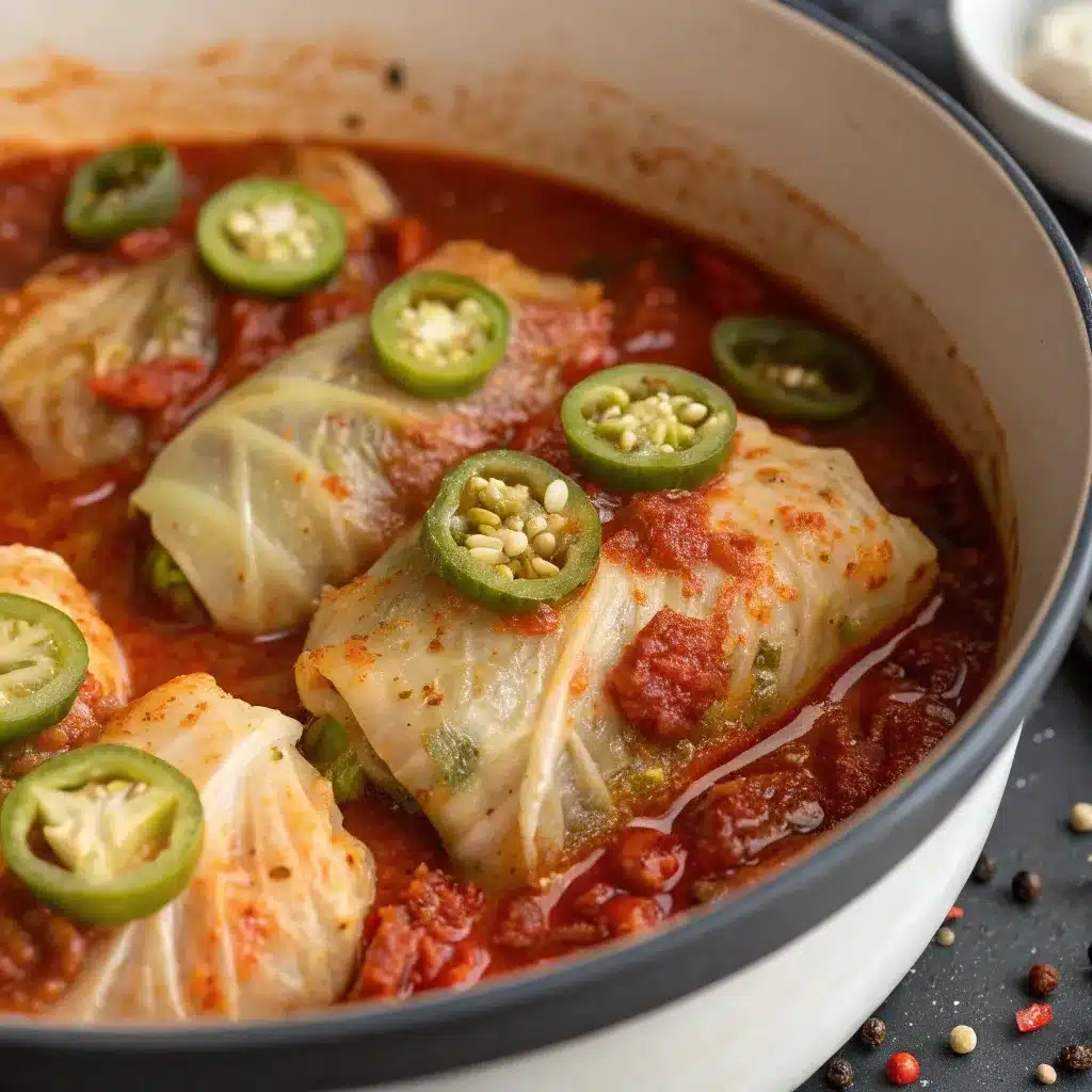 Spicy variation of unstuffed cabbage rolls with jalapeños and chili flakes.