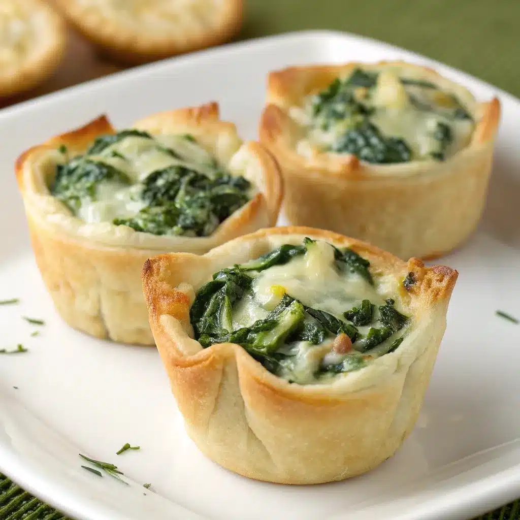 A close-up of three soft, baked spinach artichoke cups made with golden-brown crescent roll dough.
