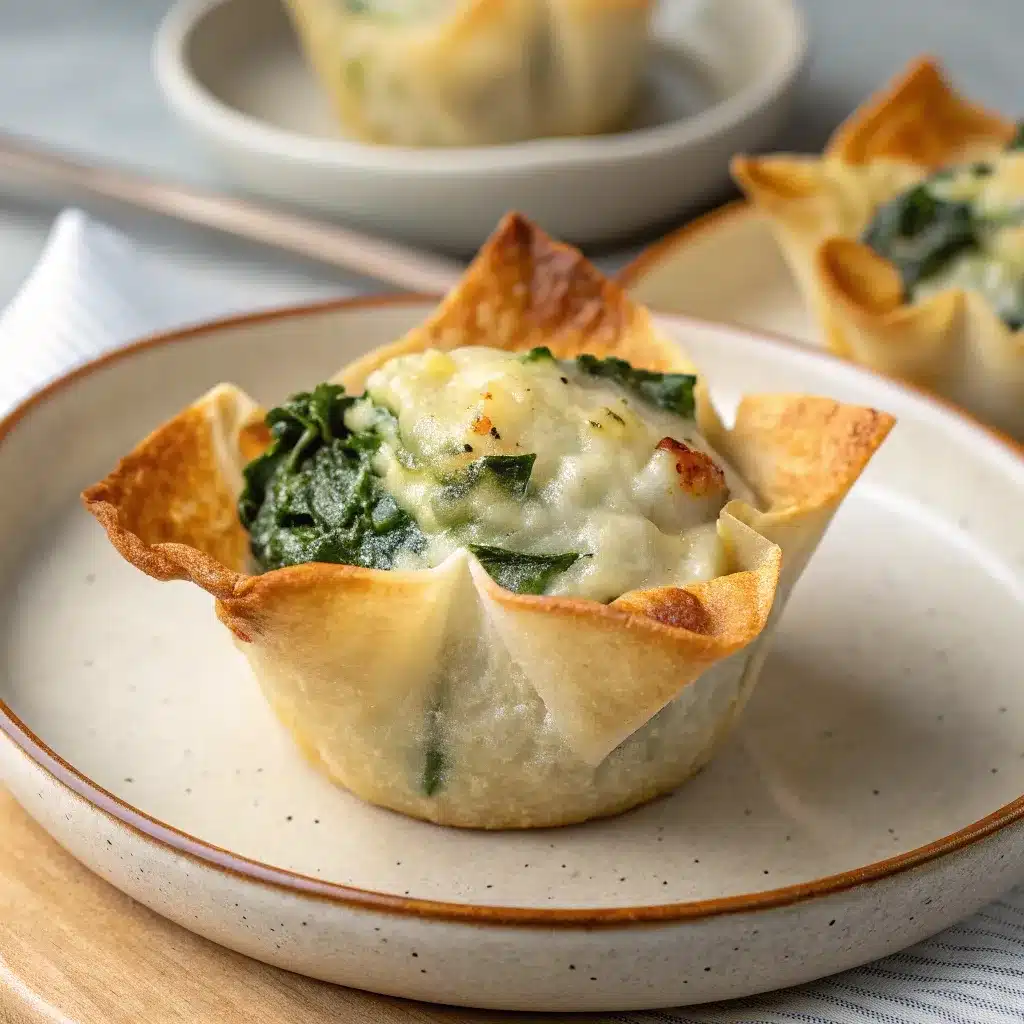 A macro close-up of a single spinach artichoke wonton cup, showing the crispy texture and creamy spinach dip filling.