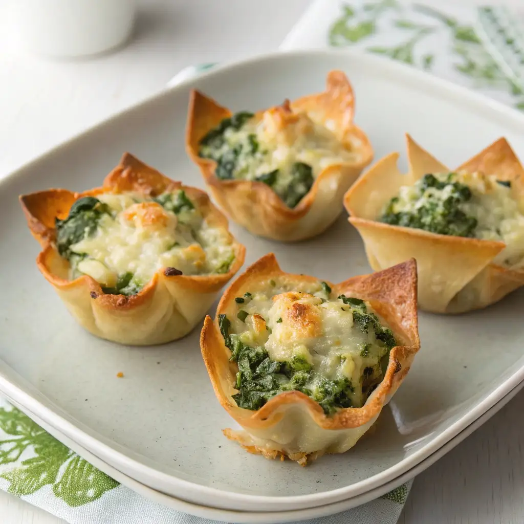 A plate of extra-crispy, golden-brown spinach artichoke wonton cups made in the air fryer.