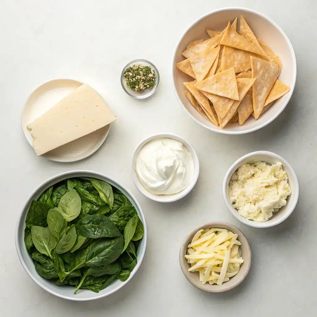 A flat lay of the ingredients for spinach artichoke wonton cups: wonton wrappers, cream cheese, spinach, artichokes, and parmesan.