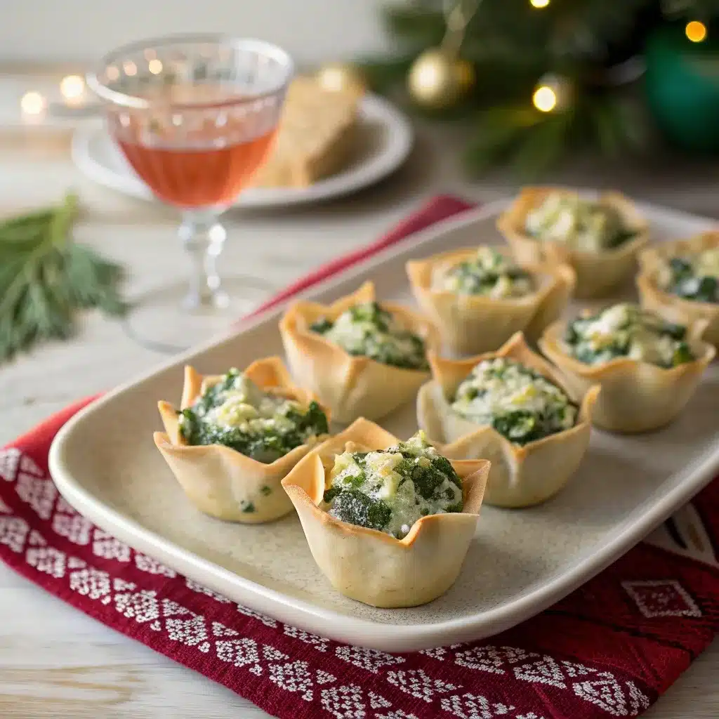 A 45-degree angle shot of a festive platter of spinach artichoke wonton cups, ready for a party.